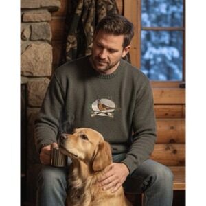 Vtg Gander Mountain Mens L Acrylic Pheasant Bird Hunting Sweater Green Outdoors